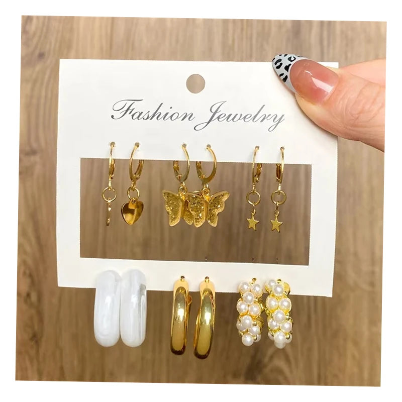 Fashion Jewelry Gold Plated Geometric Hoop Earrings Cards Resin Acrylic Pearl Butterfly Charm Pendant Earrings Set