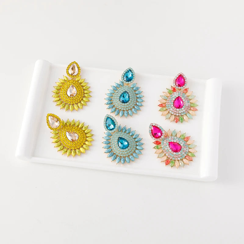 Wholesale Colorful Diamond Flower Earrings Sparkle Rhinestone Crystal Waterdrop Sunflower Stud Earrings Jewelry