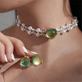 Collar De Mujer Handmade Beaded Choker Necklace Green Opal Earrings  Wedding Jewelry Necklace Set Weaving Pearl Necklace Set