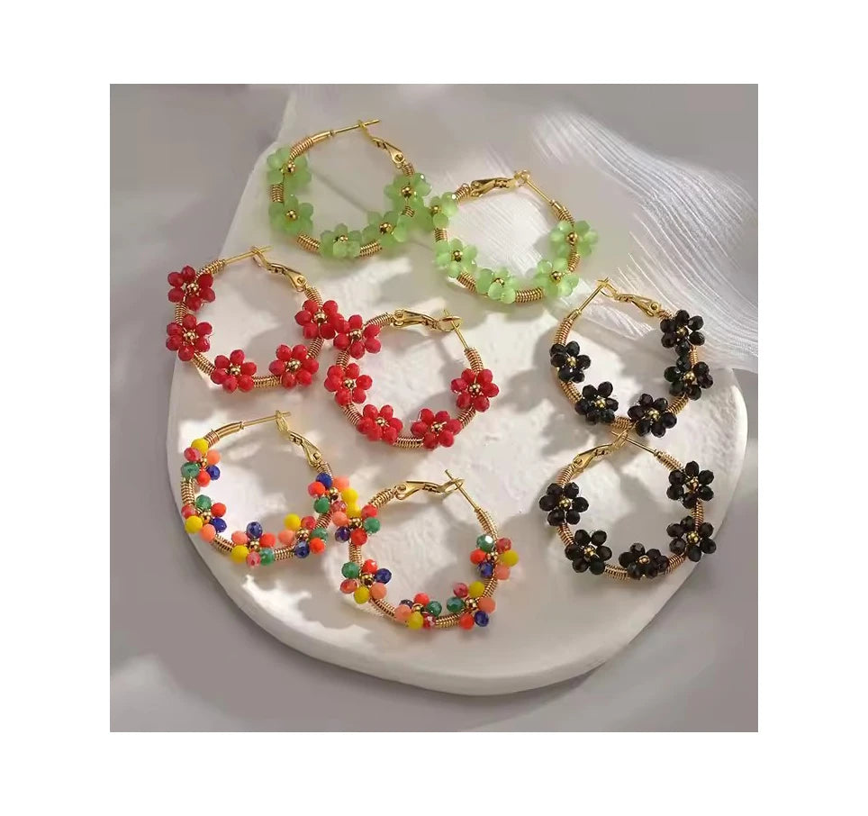 Latest Fashion Colorful Resin Flower Hoop Earrings 14K Gold Stainless Steel Big Huggies Hoop Earrings for Women