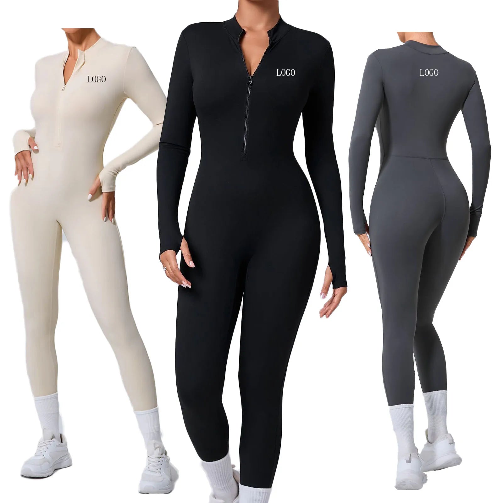 Antumn Winter Long Sleeve Yoga Bodysuit Front Zipper Breathable Yoga Jumpsuit for Women Long Leggings Butt Lifting Gym Outfit