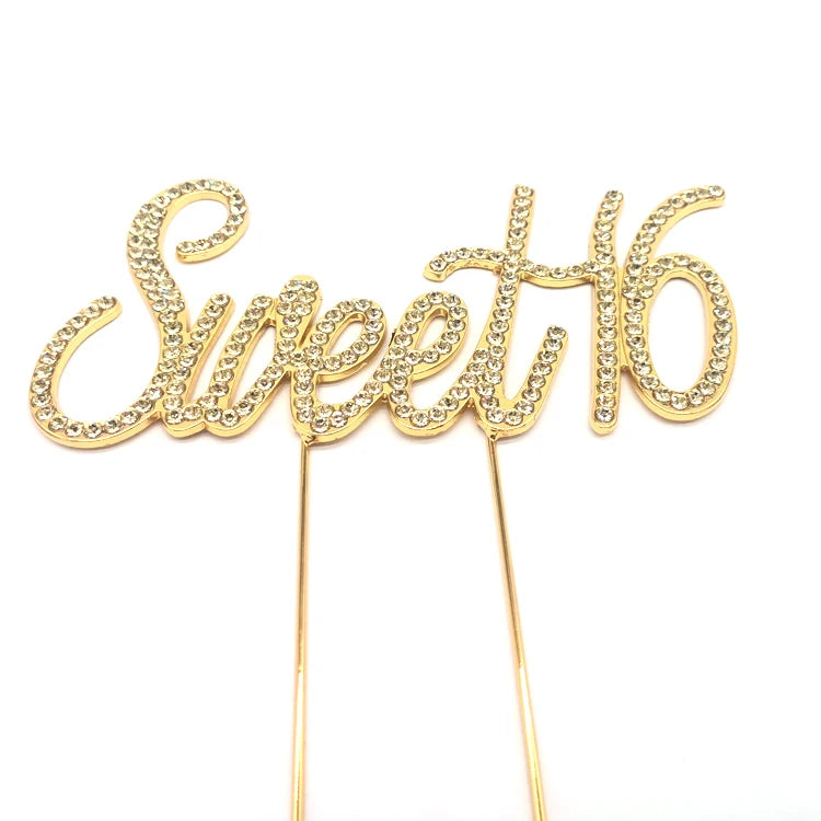 Metal Sliver&Gold Souvenir Wedding Gift Sweet 16 Rhinestone Cake Topper for Birthday Party Decoration