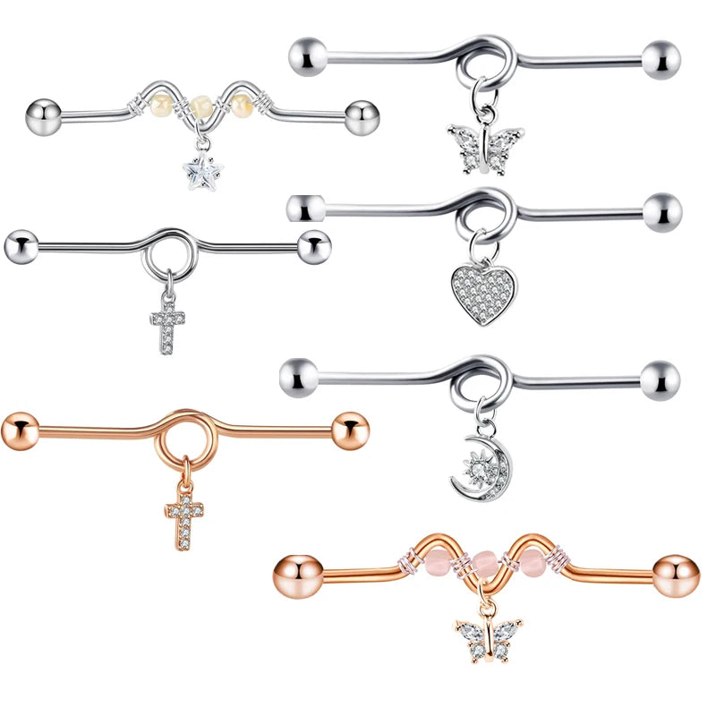 Industrial Piercing Stainless Steel 14g Dangle Charm Bohemian Wedding Earrings Barbell Set Heart Moon Star Cross Cartilage