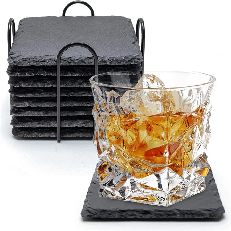 Factory Price Black Coasters Stone Coaster Non-Slip Engraving Drink Slate Stone Bulk Coasters Set Blank Gift Box With Holder