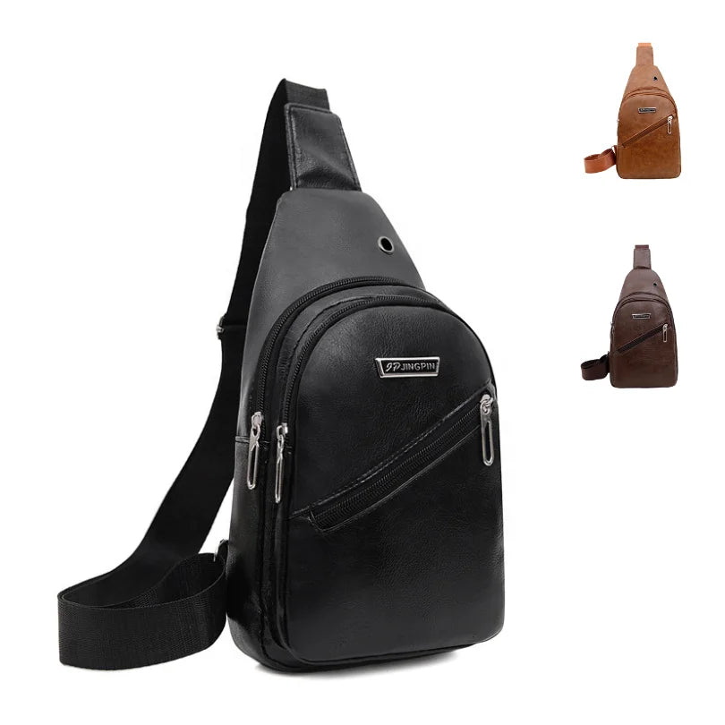 New Korean Fashion Charging Men Chest Bag Outdoor Leisure PU Leather Single Shoulder Briefcase Mens Sling Bags Crossbody