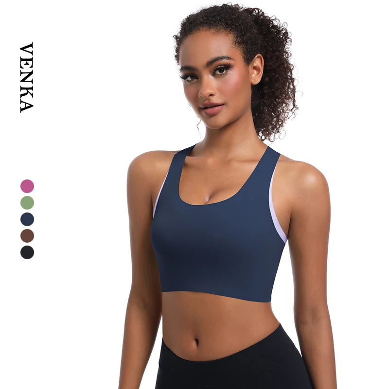 Ladies Removable Pad Design Gym Contrast Color Sling Round Neck Sports Bra Crop Top Beautiful Back Fitness Yoga Bra for Women