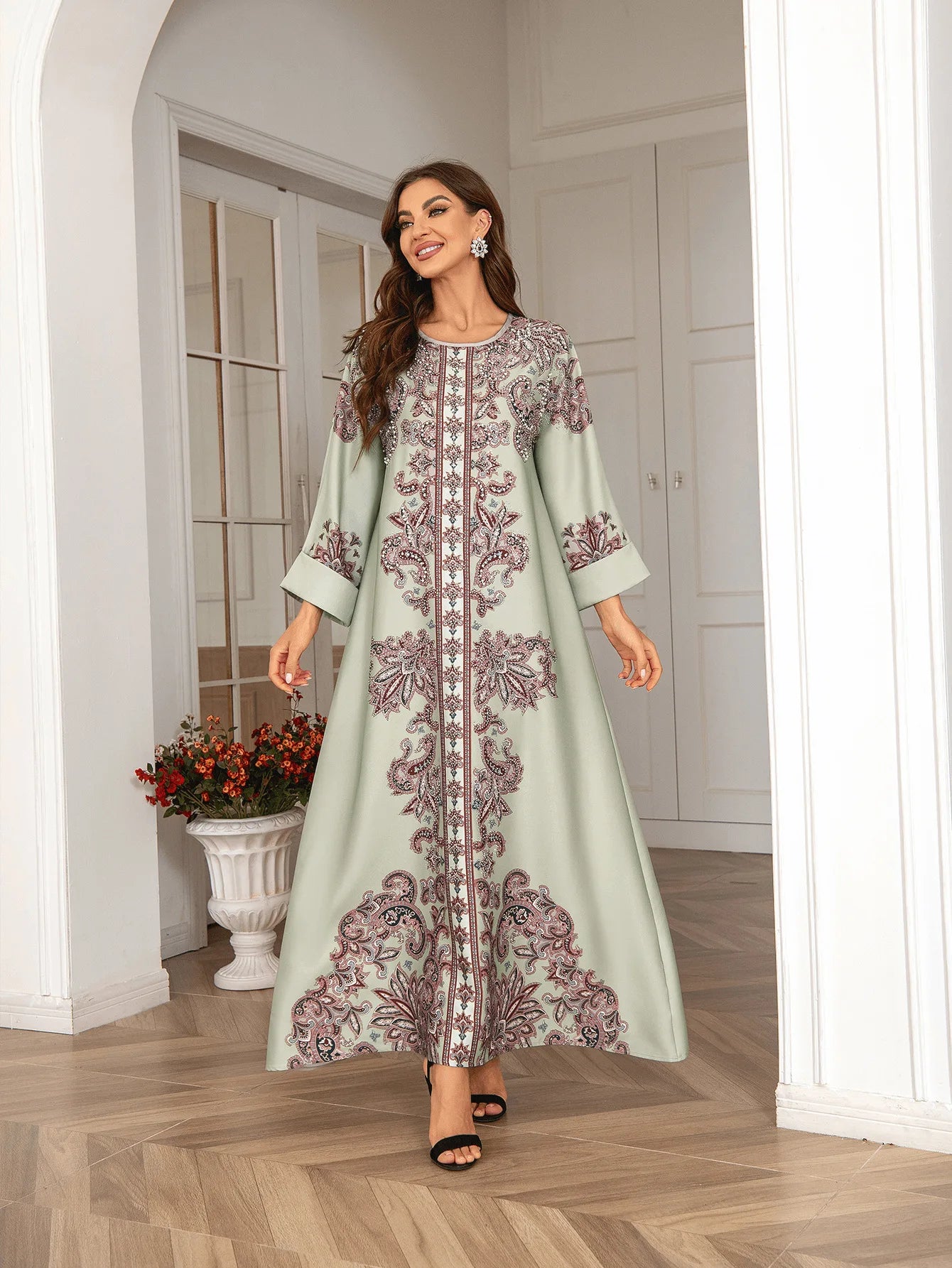 Dubai Turkey Arab Oman Elegant Abaya for Women Flower Printed Beading Islamic Clothing Muslim Dresses Abaya Dress