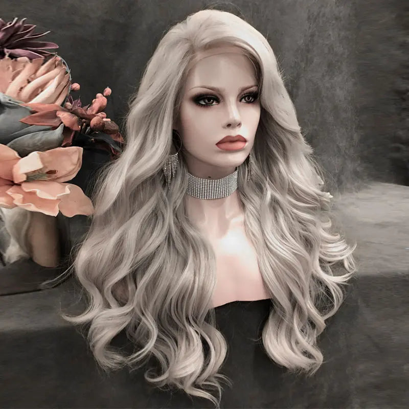 Celebrity Long Style GREY Color  Synthetic Hair Wigs Matte Heat Resistant Fiber Same Human Hair Lace Front Wig