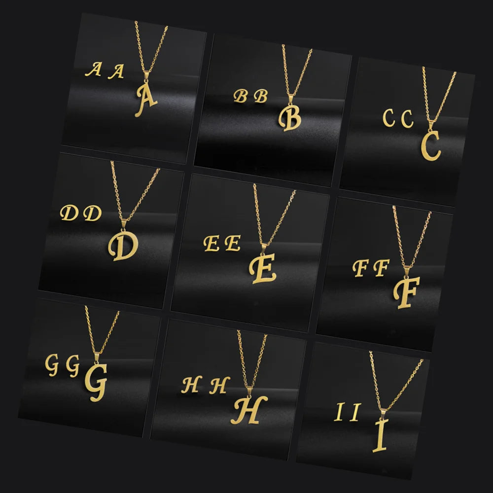 Acier Inoxydable Accessoires Bijoux 26 Letter Pendant Necklace Gold Plated Earrings Wholesale Stainless Steel Jewelry Set