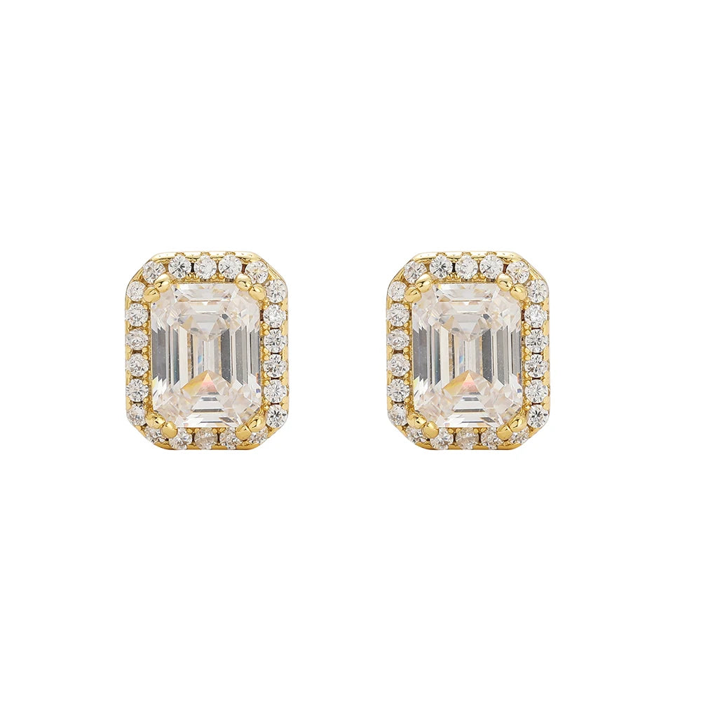 E081 Iced Out Geometric Gold Plated Brass Cubic Zircon Stud Earrings for Men and Women Anniversary Fashion Jewelry