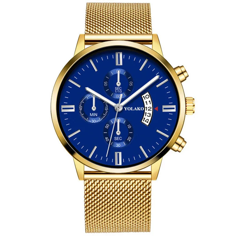 YOLAKO New Men's Casual Quartz Alloy Band Calendar Watch Analog Wrist Watch Male Minimalism Design Men Watches Gold Blue