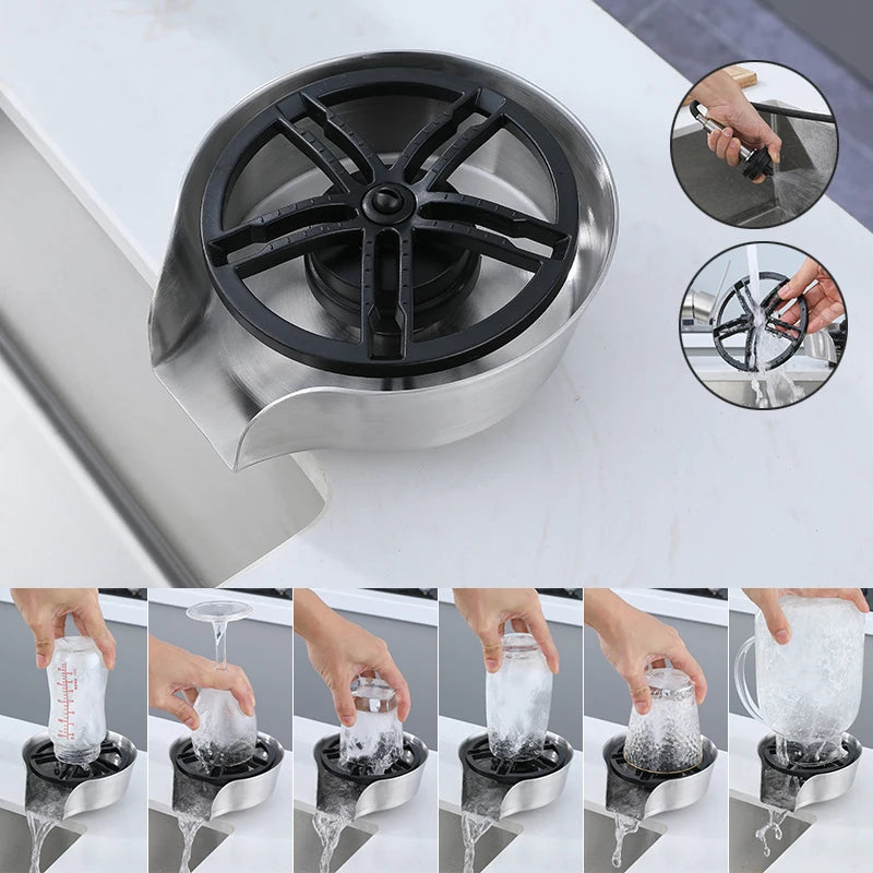 Factory Stock 304 Stainless Steel Pull Out Cup Washer Automatic High Pressure Glass Rinser for Kitchen Sink bar Accessories MegaBDM