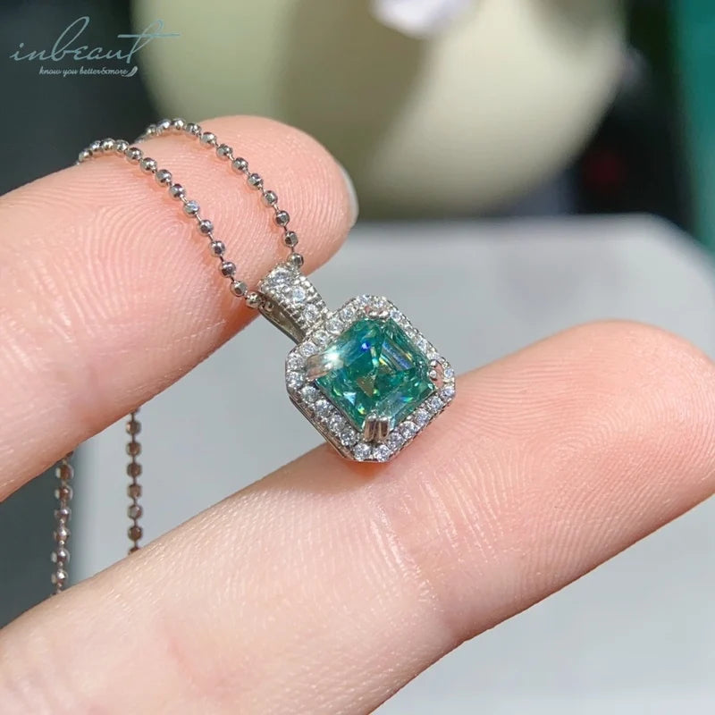 Silver 925 Original 1 Carat Diamond Test Past Brilliant Ascher Cut 6*6mm Square Green Moissanite Pendant Necklace Fine Jewelry