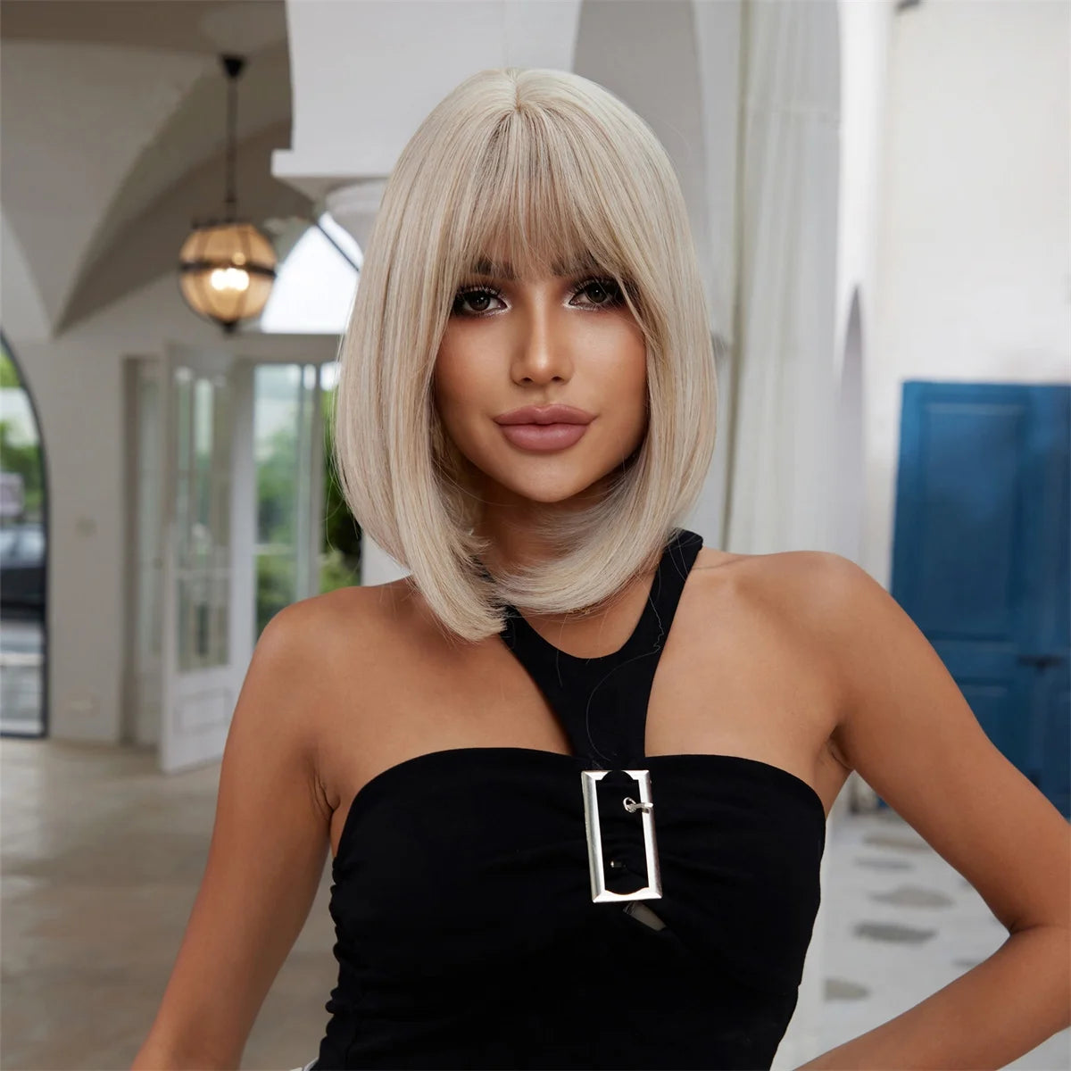 Immediate Delivery Short Straight Bob Burgundy Platinum Hair Wig With Bangs Brown Synthetic Wig Heat Resistant Fiber Fluffy Hair