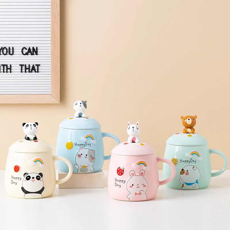 500ml Japanese Cute Cartoon Embossed Ceramic Water Cup Couple Coffee Cup