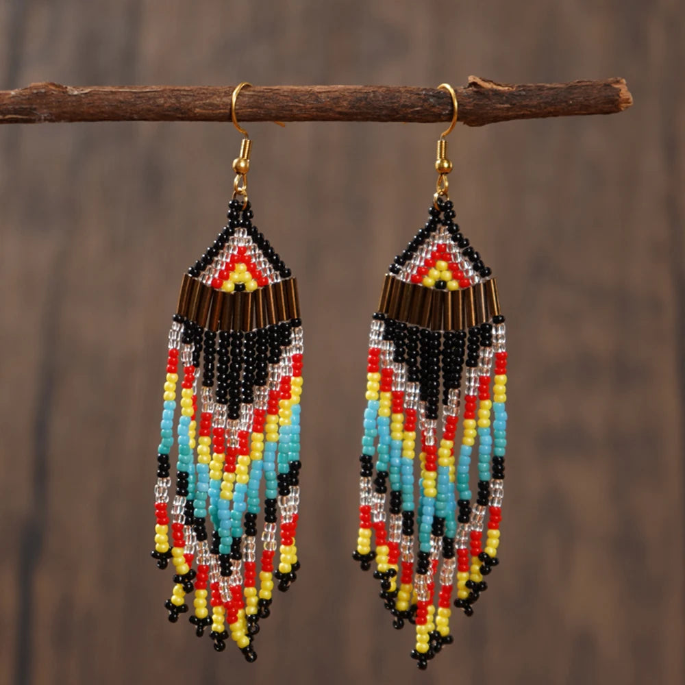 Go2boho Handmade Boho Dangle Earrings Fashionable Fringe Jewelry with Braided Glass Beads and Tassels Wholesale for Women