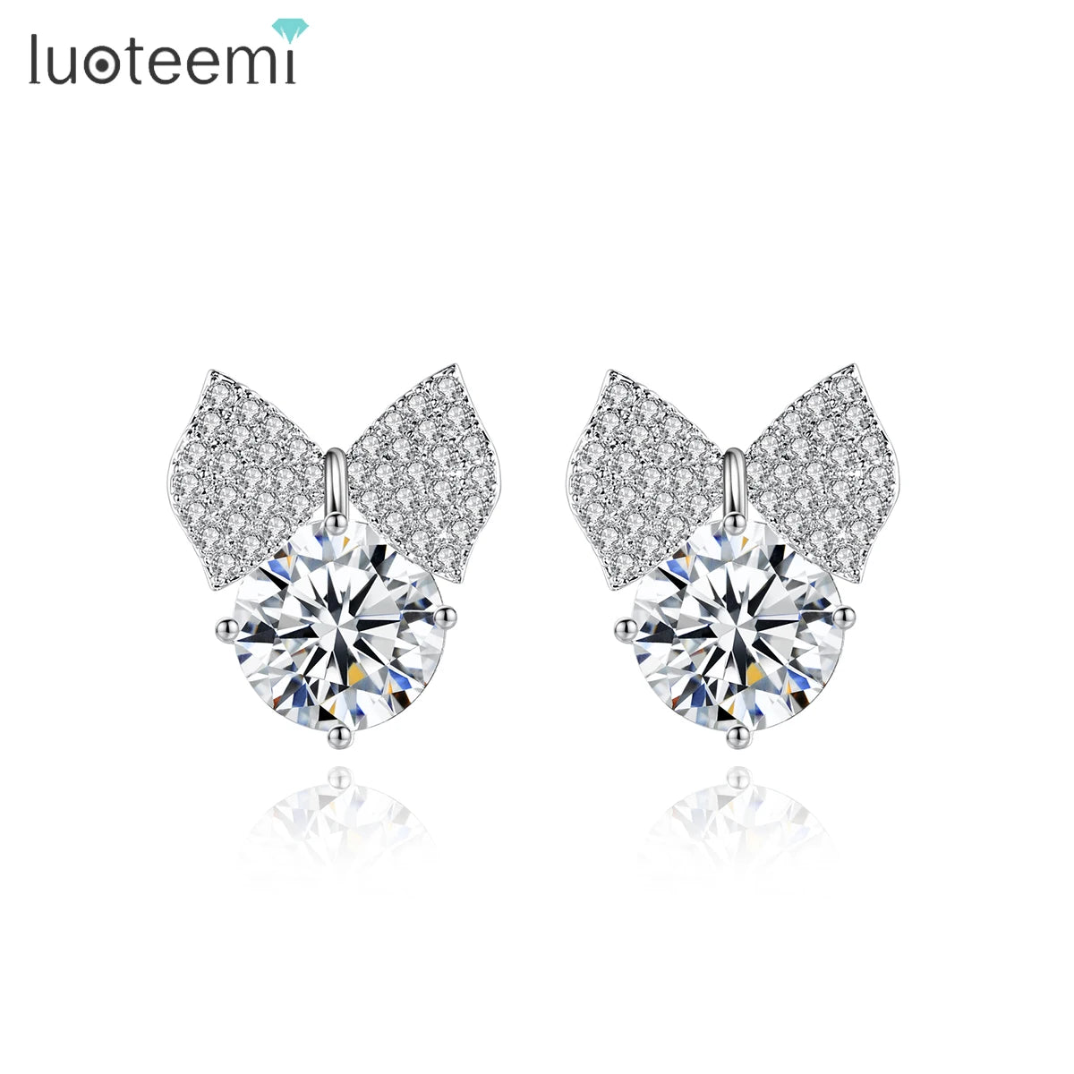 LUOTEEMI Fashion New Style Bridal Wedding Party Pure Sparkling Clear Cubic Zircon Micro Paved White Gold BowKnot Stud Earring