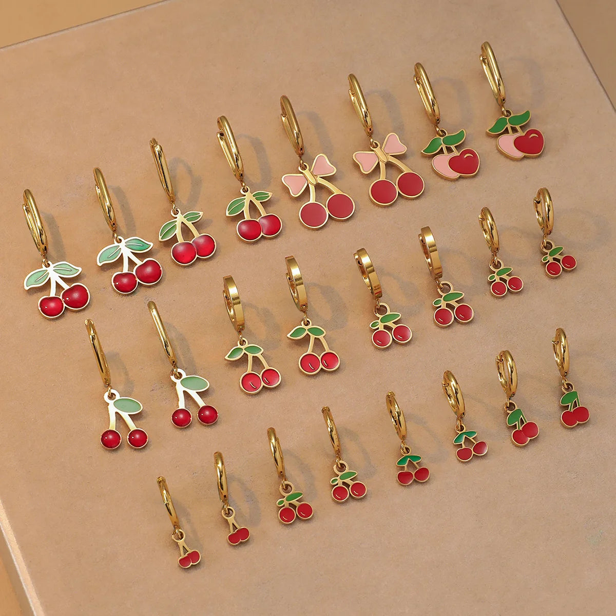 Summer Jewelry 18k Gold Plated Cute Small Cherry Pendant Hoop Earrings Stainless Steel Anti Tarnish Fruit Huggie Hoop Earrings