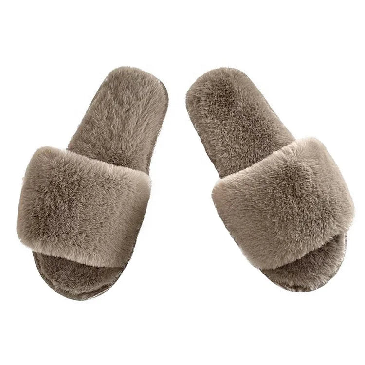 2022 UK Winter Indoor Slippers Fleece Fur Soft Sole One Strap Home Slides Slippers Women House Slides