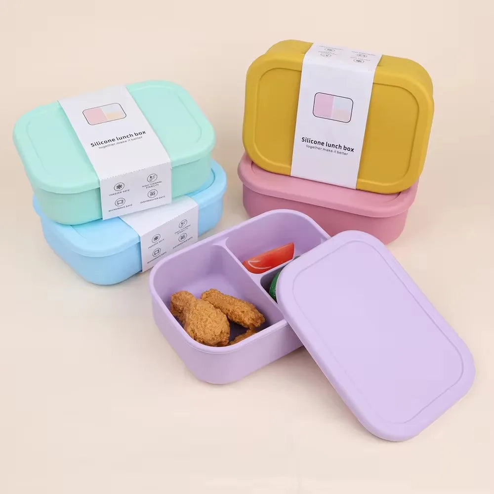 Microwaveable Food Grade 3 Compartments Silicone Bento Lunch Box Food Container for Kids MegaBDM
