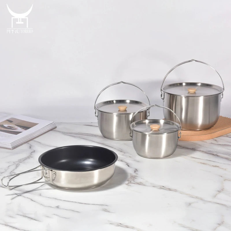 Portable Cookware Sets 3 Camping Pots and a Folding Handle Frying Pan for Travel Outdoor Hiking Picnic Equipment Cooking Set