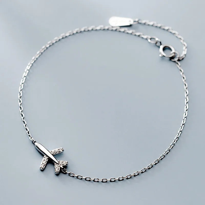 Solid 925 Sterling Silver Lovely Small Airplane Charm Bracelet Jewelry Cute Plane Pendant Bracelet