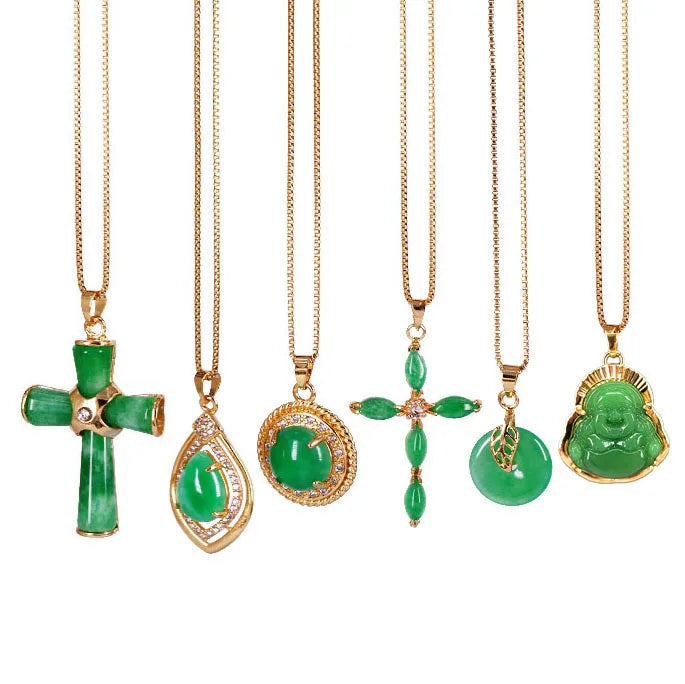 16+3 Inches Gold Plated Stainless Steel Box Chain Necklace Green Jade Corss Buddha Necklace