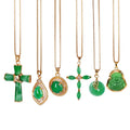16+3 Inches Gold Plated Stainless Steel Box Chain Necklace Green Jade Corss Buddha Necklace