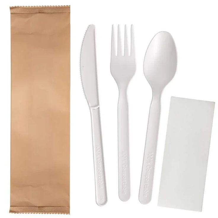 Eco-friendly Disposable Compostable Biodegradable Cornstarch CPLA Spoon Set Individually Paper Wrapped Utensil Water-Repellent