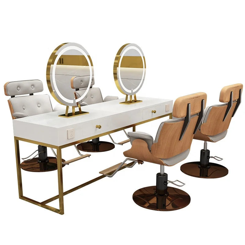 Foshan GREAT Modern Design Barber Shop Mirror Station for Hair Salon Furniture Golden Styling Mirror Station Table