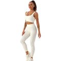 New Custom Logo Women Yoga Set 2 Pcs Seamless Quick Dry Running Leggings Ribbed Crop Tops Striped Vest Leggings Yoga Suit