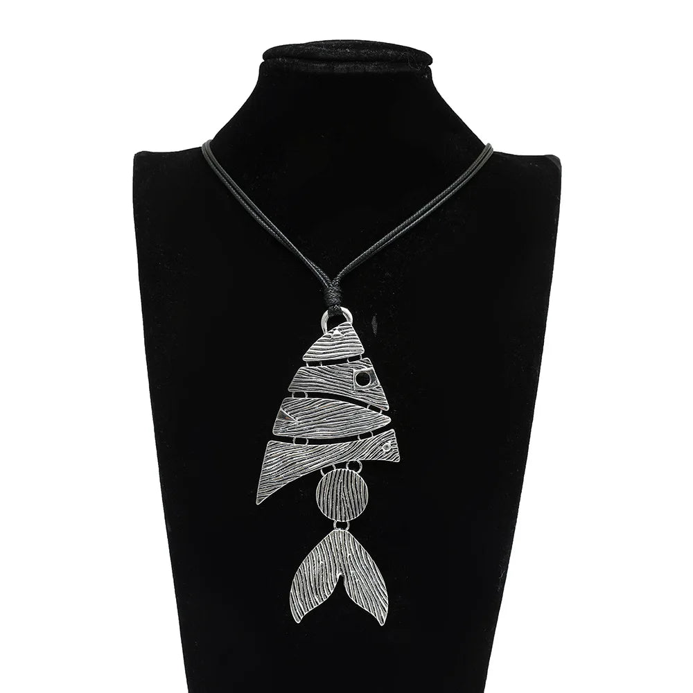 Vintage Fish Shape Long Black Leather Necklace  Pendant for Women Gothic Jewelry