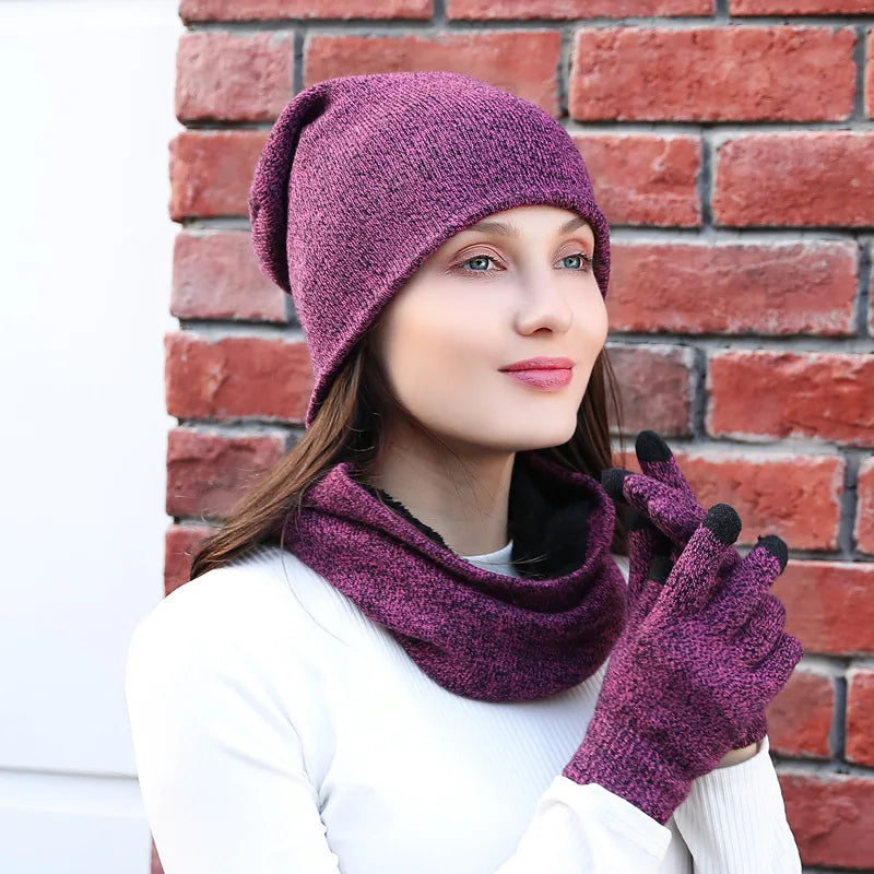 Women Men Beanie Winter Hat Neck Warmer Scarf and Touchscreen Gloves 3-Piece Set