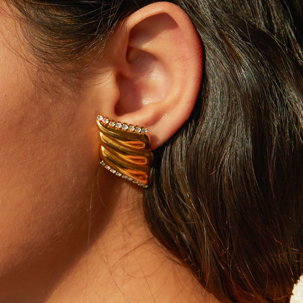 New Style Designer Texture Earring 18K PVD Gold Plated Stainless Steel Zirconia Wing Stud Earrings for Women