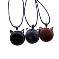 Fashion Natural Healing Round Gemstone Cat Head Shaped Pendant Necklace With Long Leather Chain