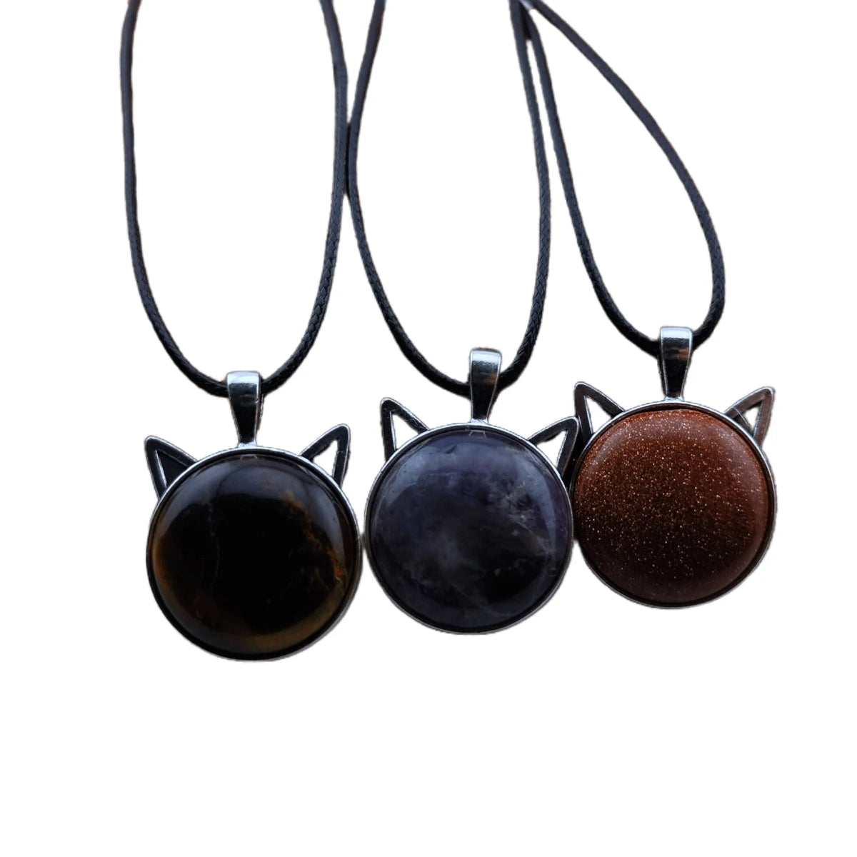 Fashion Natural Healing Round Gemstone Cat Head Shaped Pendant Necklace With Long Leather Chain