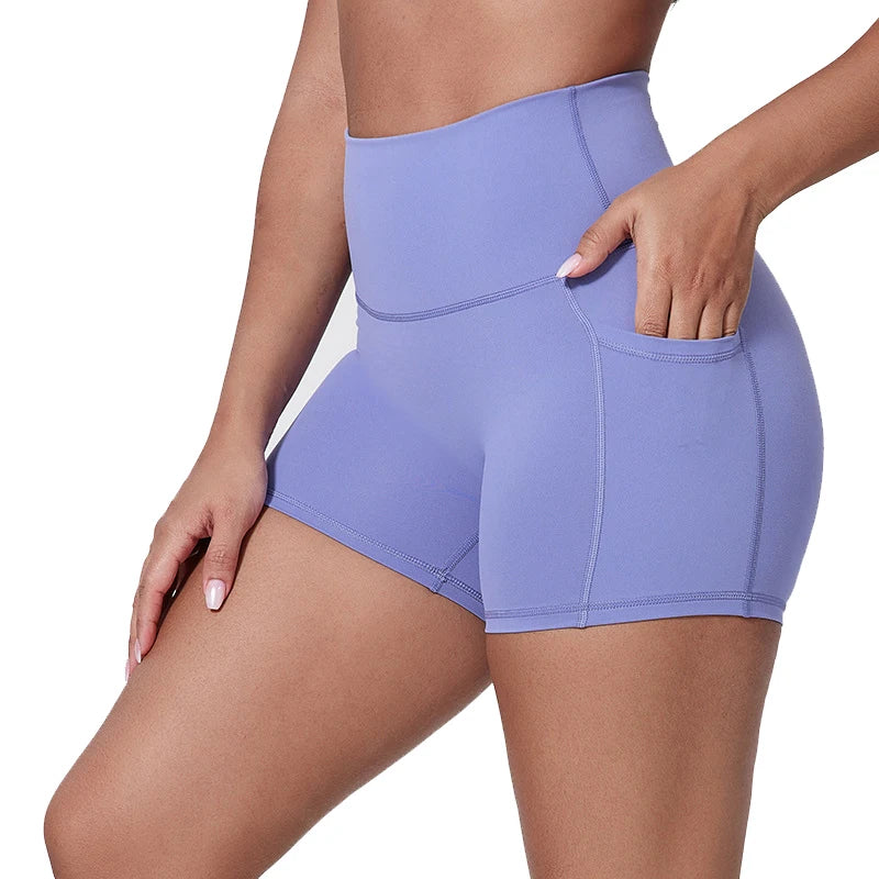Women's High Waist Comfort Fitness Shorts Compression Elastic Pockets Seamless Spandex Solid Print Pattern Active Usage Small