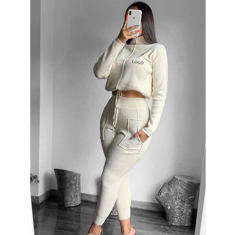 L230644 Factory Custom Women Running Sets Solid Color Tracksuits Workout Clothes High Collar Sweatshirts Lace-Up Joggers Set