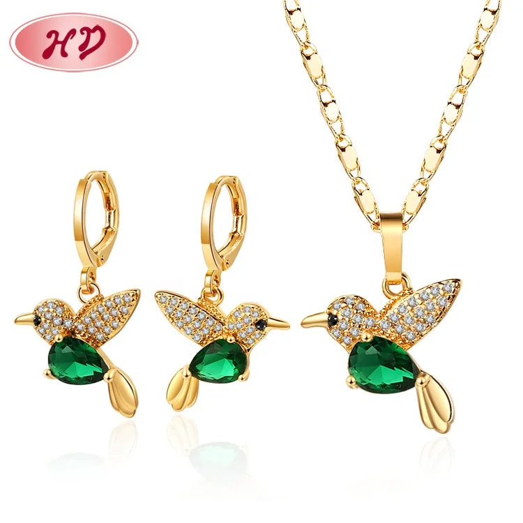 Top Quality Hummingbird 18K Gold Earrings Necklace Jewelry Set Jewelry Display Zircons Sets  for Women
