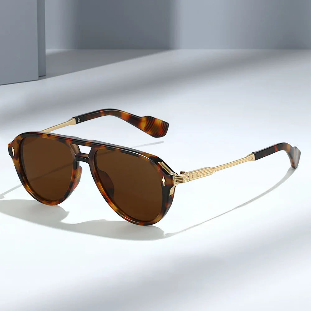 Vintage Unisex Large Double Bridge Frame Custom Logo Leopard Sunglass Retro Brown Shade Men
