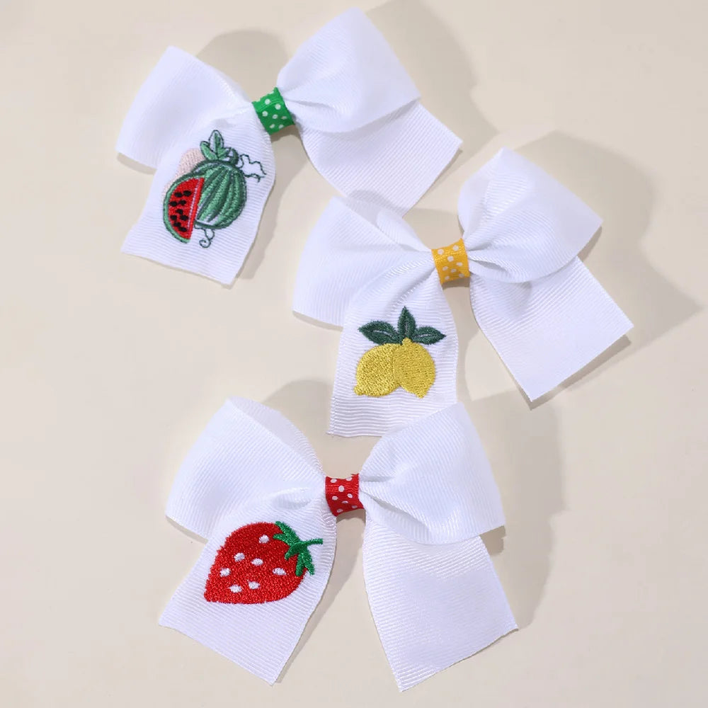 CN 3Pcs Boutique Grosgrain Ribbon Bow Hair Bow Clip Cute Fruit Embroidery Hair Clip for Kids Girls Cheer Bows