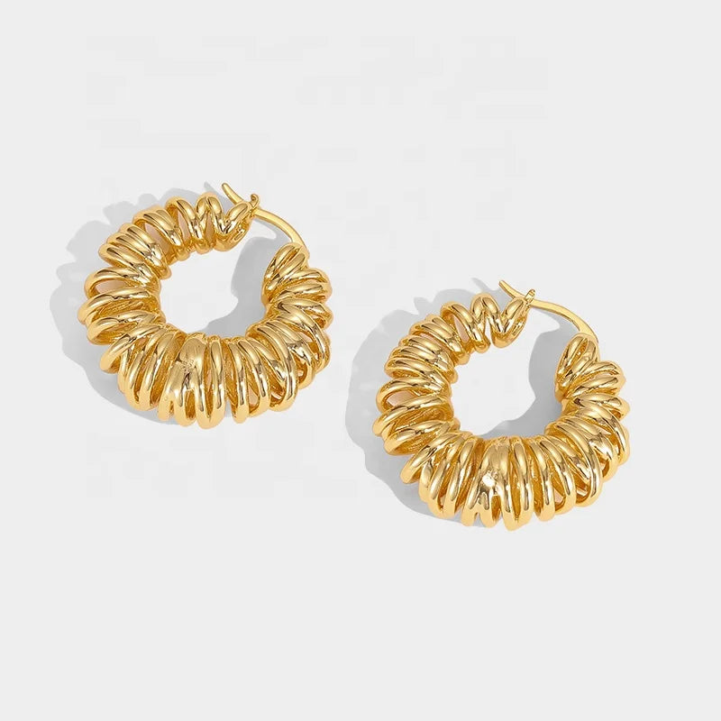 Personalized Fashion Brass 18k Real Gold Plated Winding Line Spring Hoop Earrings