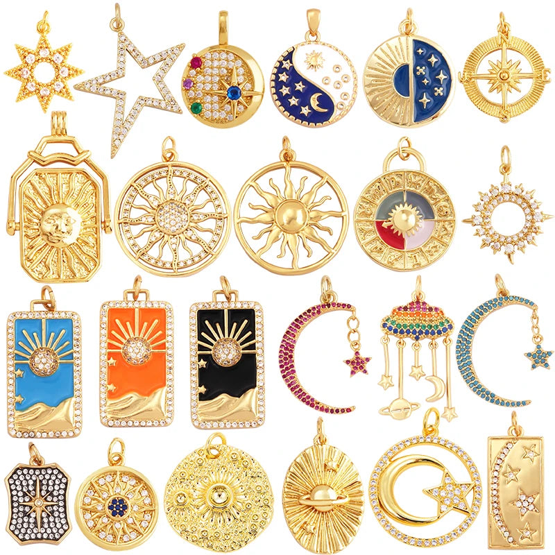 Shining Celestial Sun Moon Star Space Charm Pendant in Gold ColorInlaid CZ Zirconia Jewelry Necklace Bracelet Making Supply L42