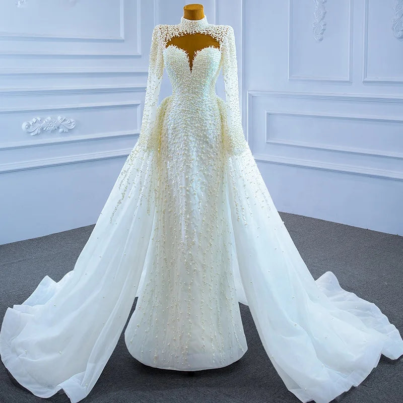 Jancember RSM67261 Long Sleeve Women Fashion a Line Detachable Train Wedding Dress for Bridal