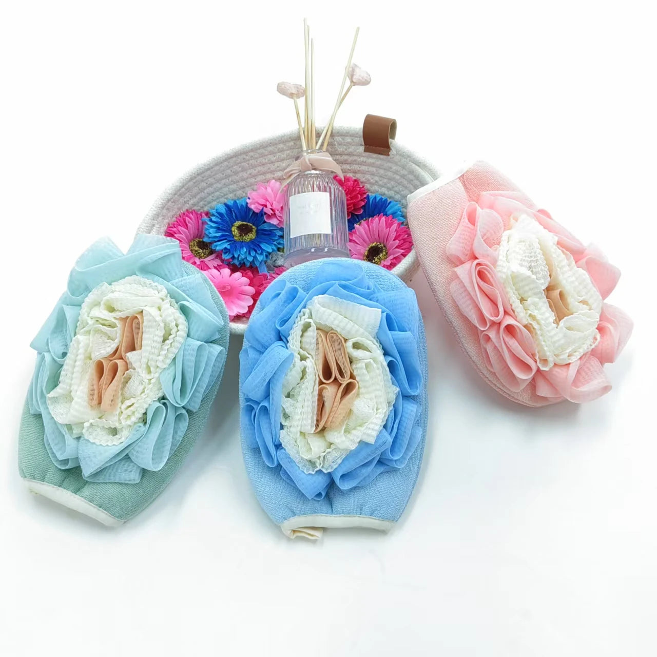 Wholesales Multi-purpose Soft Skin Care Colorful Exfoliating Bath Glove with Puff Customize Logo Durable Bath Mitt with Strap