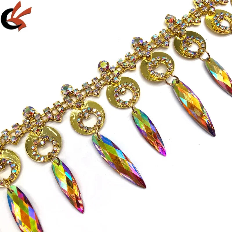 2024 New Designs Carnival Costume Decoration Trimming Teardrops Gems Drooping Gold Chain AB Crystals Rhinestone Tassel Trimming
