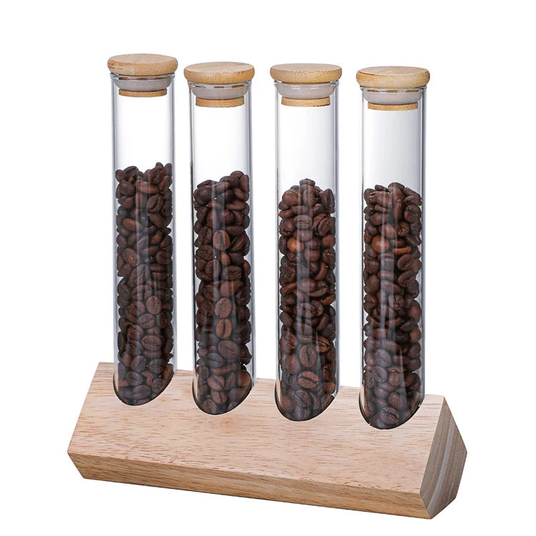 Round Bottom Borosilicate Glass Tube for Coffee Beans Spice Display with Airtight Bamboo Lid and Wood Holder