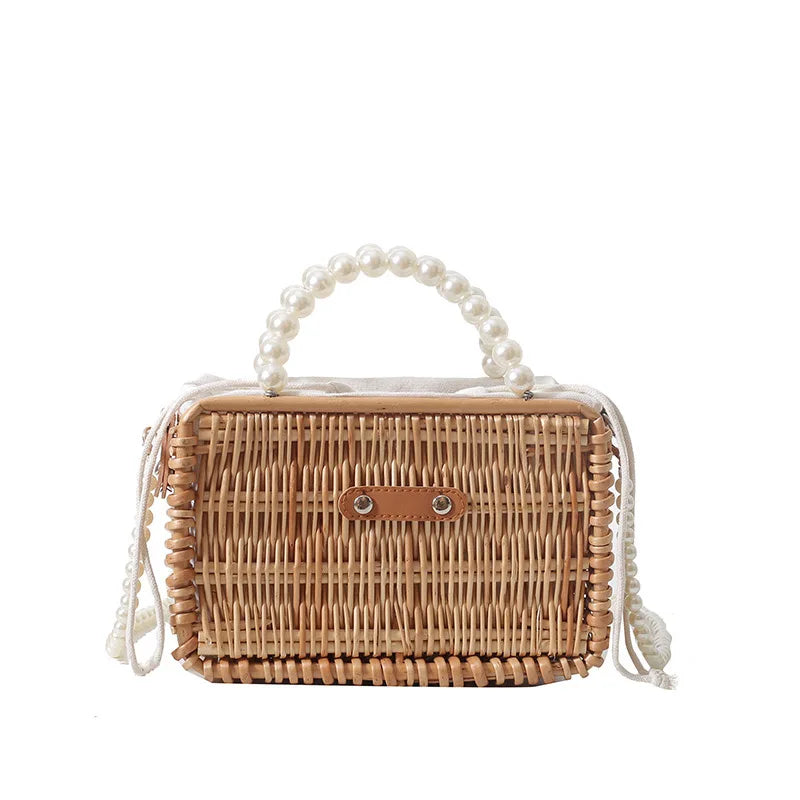 Summer Popular Latest Style Fashion Lady Handmade Rattan Dress Bag Pearl String Single for Wholesale Seaside Holiday Travel