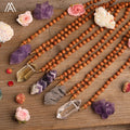 Classic Gold Plated Crystal Mala Necklace with Sandalwood Beads Healing Quartz Double Point Pendant for Wedding & Party Gifts