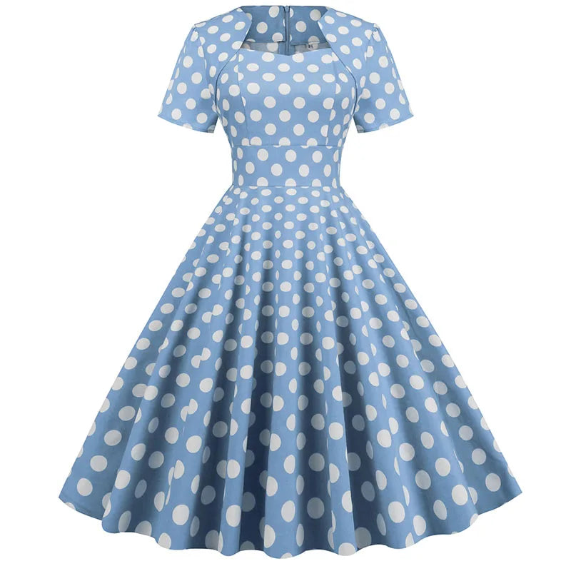 Women Clothing Lady Elegant Retro Swing Square-neck Vintage Floral Print Short Sleeve Midi Summer Casual Dress